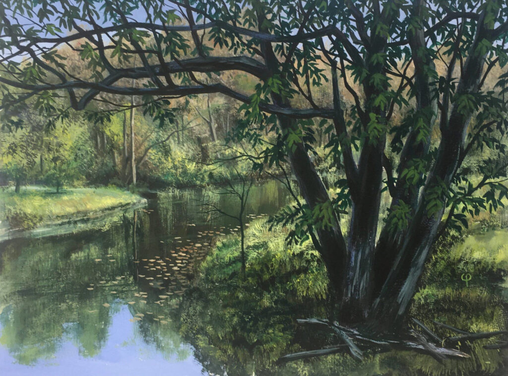 Gouache painting of Crum Creek, outside of Media, PA